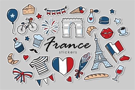 Set Of Of France Stickers French Doodles Isolated On Grey Background