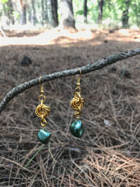 Handmade Rosette Earrings With Gold Chain Maille And Green Nacres