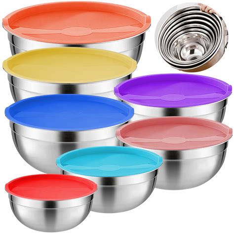 Fabulas BPA-Free Metal Mixing Bowls with Lids Set (Set of 7), Stainless Steel for Cooking, Salad ...