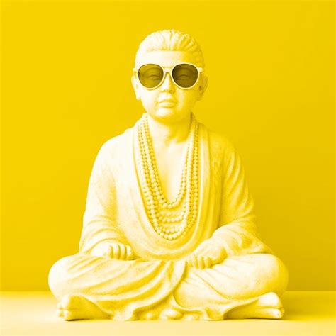 Una Estatua De Un Buda Con Gafas De Sol Y Sentado En Un Fondo Amarillo