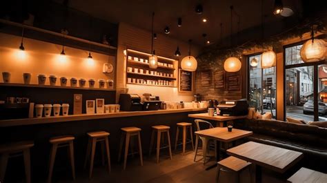 Premium Photo Cozy Coffee Shop With Warm Lighting