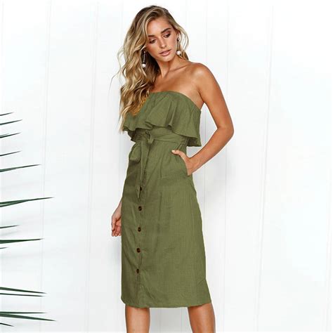 Slash Neck Ruffles Sexy Midi Dress Bottons Summer Backless Dresses With