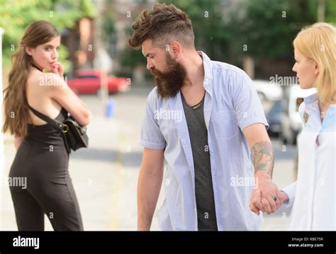 Flirting In The Street Love Triangle And Threesome Man Cheating His Girlfriend Bearded Man