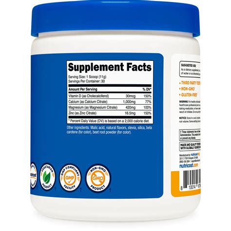 Nutricost Calcium Magnesium Zinc Citrates With Vitamin D3 Powder 30 Servings Peach Mango