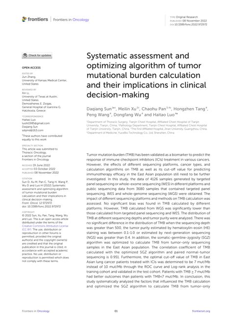 Pdf Systematic Assessment And Optimizing Algorithm Of Tumor Mutational Burden Calculation And