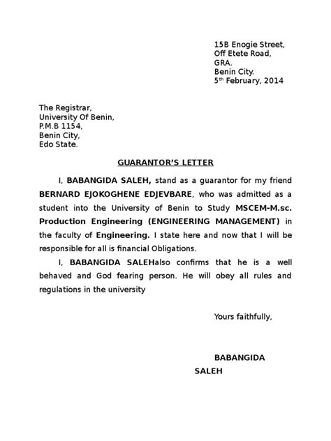 Guarantors Letter