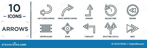 Arrows Linear Icon Set Includes Thin Line Left Curve Arrow Upward