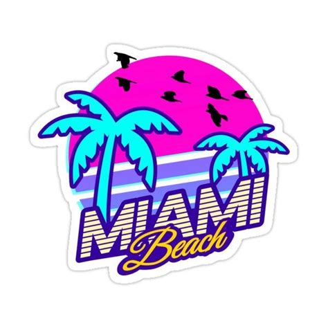 A Sticker That Says Mam Beach With Palm Trees And Birds In The Background