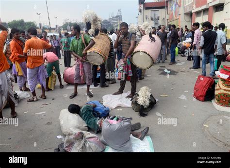 Dhaki or traditional Bengali drummer gathers and shows their skill in front of Sealdah station ...