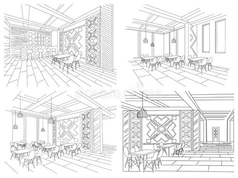 Restaurant Black White Interior Sketch Stock Illustrations 329