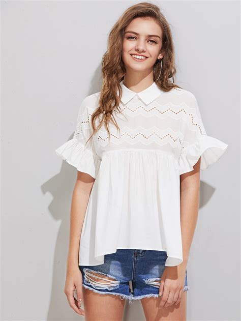 Eyelet Embroidered Yoke Frill Sleeve Tie Back Smock Top Shein Sheinside