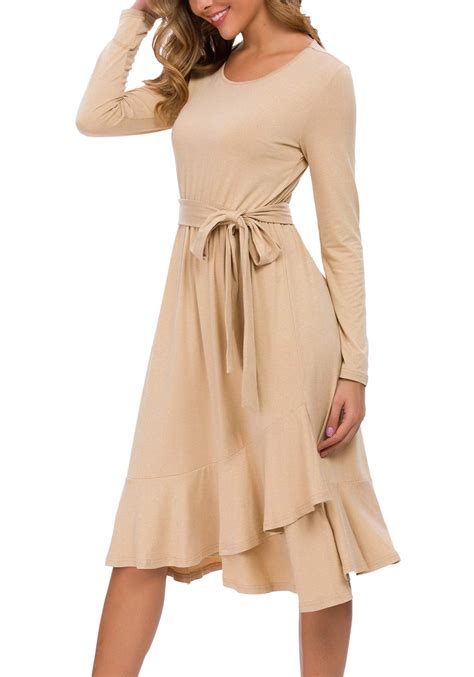 Olrik Womens Plain Long Sleeve Flowy Modest Midi Dress Work Casual Long Sleeve Midi Dress With