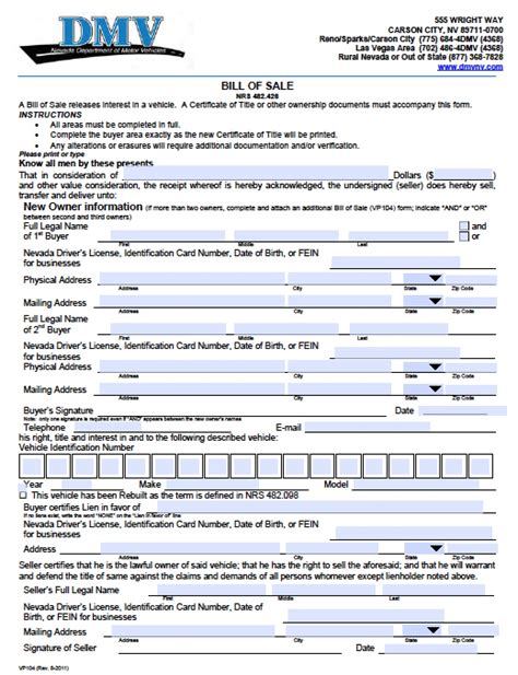 Bill Of Sale Template Nevada