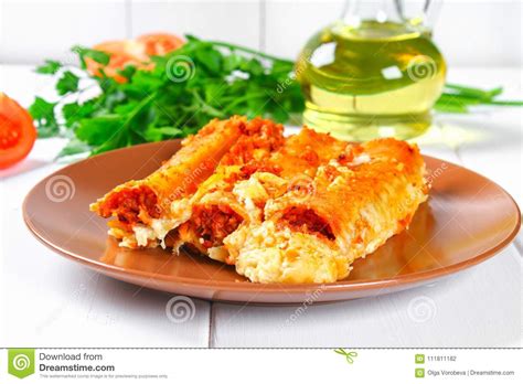 Traditional Italian Pasta Cannelloni Baked Tubes Stuffed With Minced Meat With Parmesan Cheese