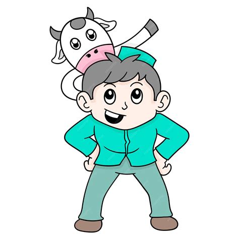 Menino E Seu Amigo Vaca Estão Brincando Juntos Arte De Ilustração