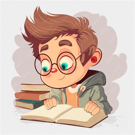 Premium Vector A Cartoon Of A Boy Reading A Book