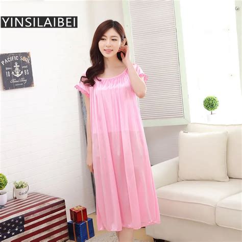 Yinsilaibei Lady Summer Ice Silk Satin Nightgowns Plus Size Long Night