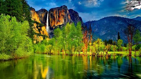 Mountains, lake, Spring, waterfall - Beautiful views wallpapers: 1920x1080