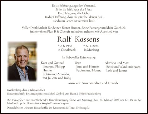 Traueranzeigen Von Ralf Kassens Trauer Hna De