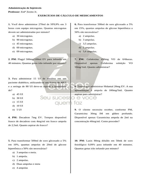 Questões De Calculo De Medicamentos Com Gabarito Pdf