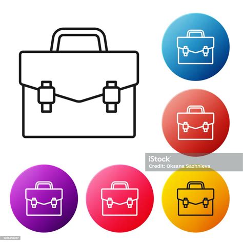 흰색 배경에 격리된 검은색 선 서류 가방 아이콘입니다 비즈니스 사례 기호입니다 비즈니스 포트폴리오 아이콘 다채로운 원 버튼을