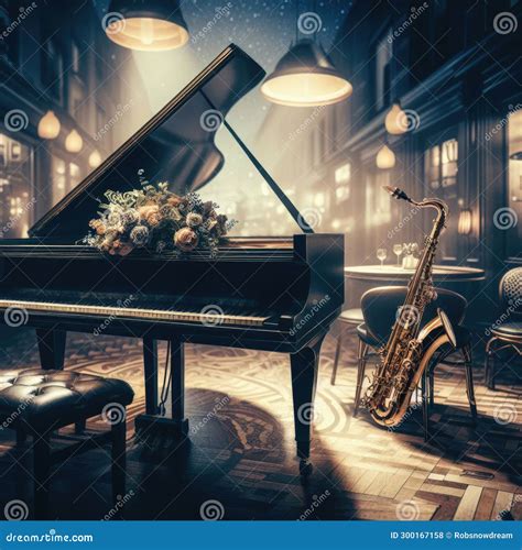 Grand Piano And Saxophone Ready To Play In Parisian Cafe Bar Stock