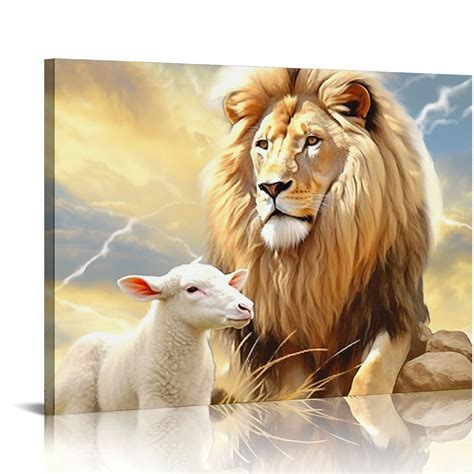 Florid Large Size Religious Artwork Jesus Lion And Lamb Canvas Painting