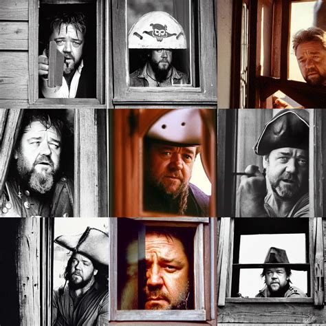 Russell Crowe With Large Pirate Hat Peering Out Stable Diffusion