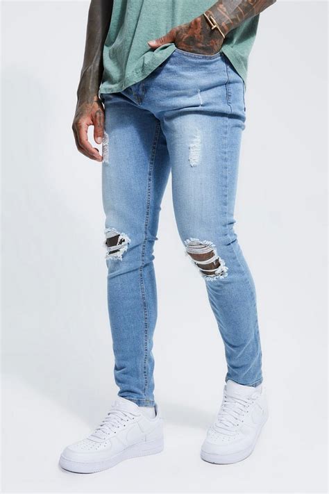 Skinny Stretch Exploded Knee Ripped Jeans Boohoo Uk