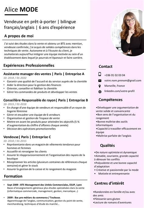 Exemple de CV Vendeuse Prêt à porter GRATUIT