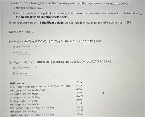 Solved For Each Of The Following Cells Use The Nernst