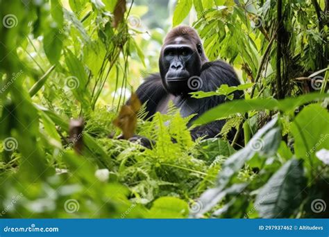 A Gorilla Eating Leaves in a Dense Jungle Setting Stock Photo - Image ...