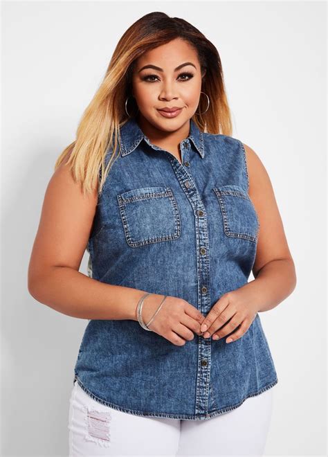 Plus Size Denim Shirt With Camo Back Sleeveless Denim Shirts Denim