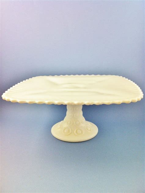 Square milk glass pedestal cake plate scalloped LE by Comforte