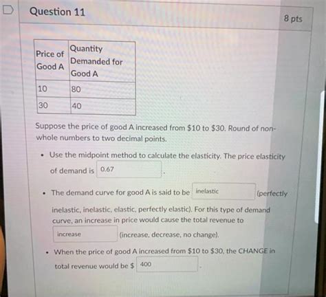 Solved Question 11 8 Pts Quantity Price Of Demanded For Good