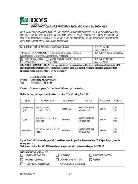 Fillable Online PRODUCT CHANGE NOTIFICATION PCN USA 2020 004