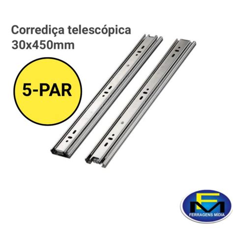 kit 5 par de corrediça telescópica 450mm trilho zincada para gaveta de