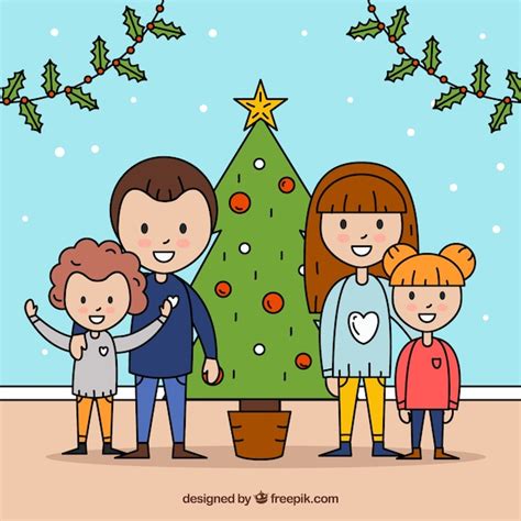 Natal Em Familia Desenho - Desenho desenhado com uma família ao lado de uma árvore de natal ...