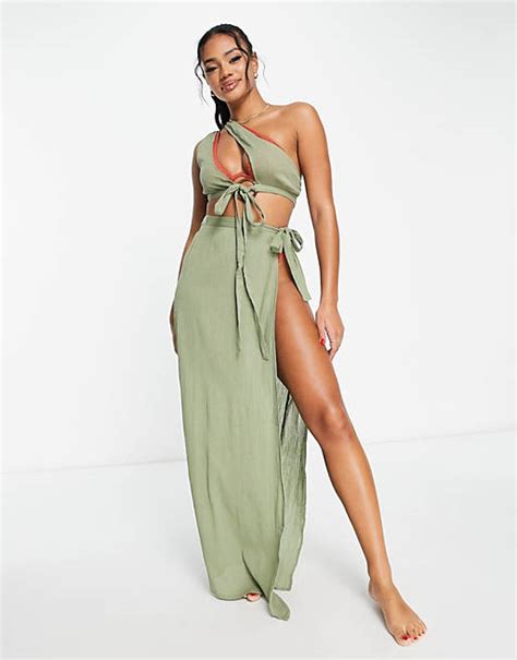 Asos Design Crinkle Beach Co Ord Sarong In Khaki Asos