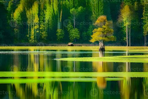 A Lone Tree Is Reflected In The Water Ai Generated Stock