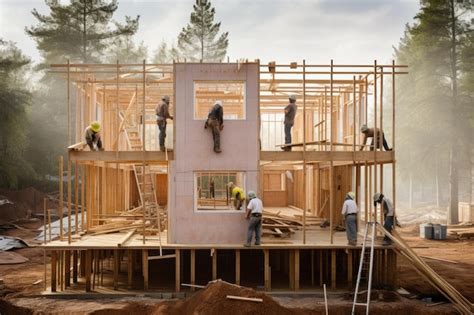 Premium Photo Workers Assembling Prefabricated House Construction