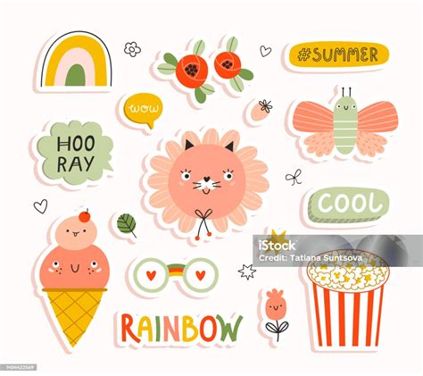 Vector Set Of Cute Summer Stickers Stock Illustration Download Image Now Food Sticker