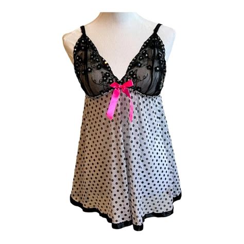 Intimates Sleepwear White Black Polka Dot Babydoll Lingerie Size
