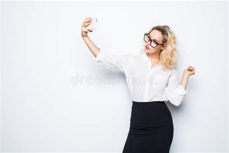 Portrait Of Young Business Woman Making Selfie Photo On Isolated White