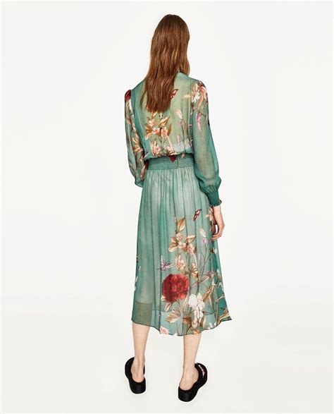 Floral Print Flowing Dress Dresses Woman Zara United Kingdom Green Long Sleeve Dress Long