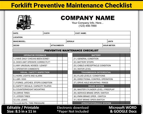 Electric Forklift Preventive Maintenance Checklist Printable Forklift Repair Service Inspection