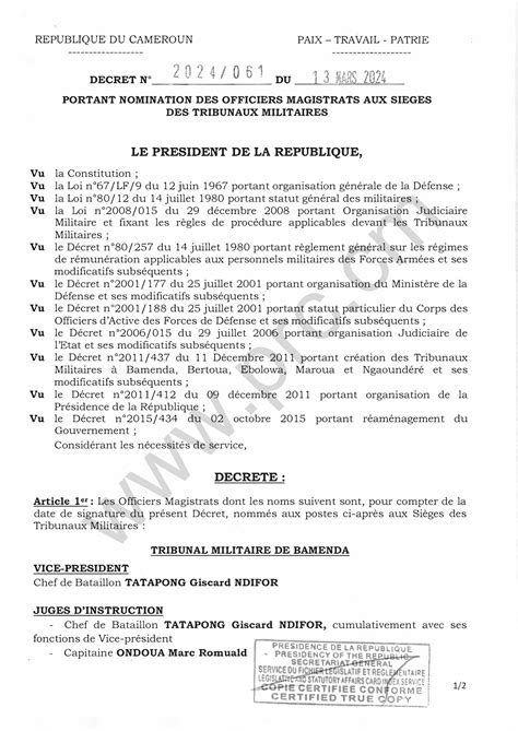 Décret N2024 061 du 13 mars 2024 portant nomination des Officiers