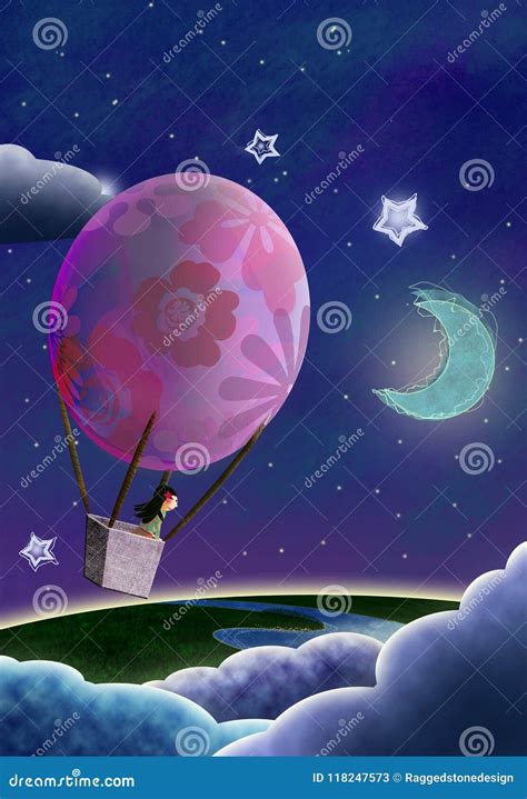 A Digital Illustration Of A Girl Floating In A Hot Air Balloon At Night Above The Earth And