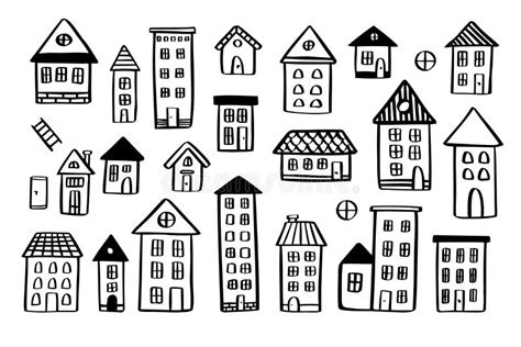 Various Houses Doodle Set Vector Hand Drawn Doodle Style Stock Vector