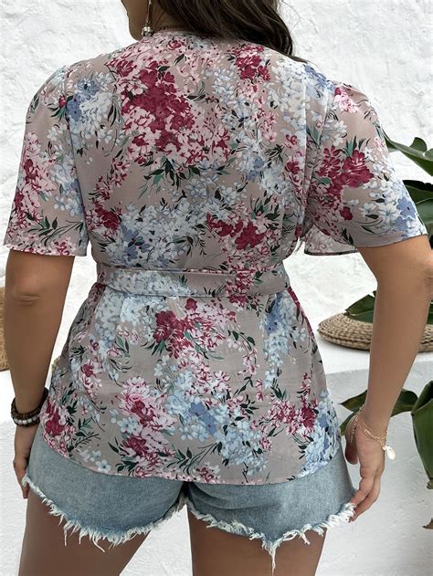 Shein Lune Plus Floral Print Butterfly Sleeve Belted Blouse Shein Usa